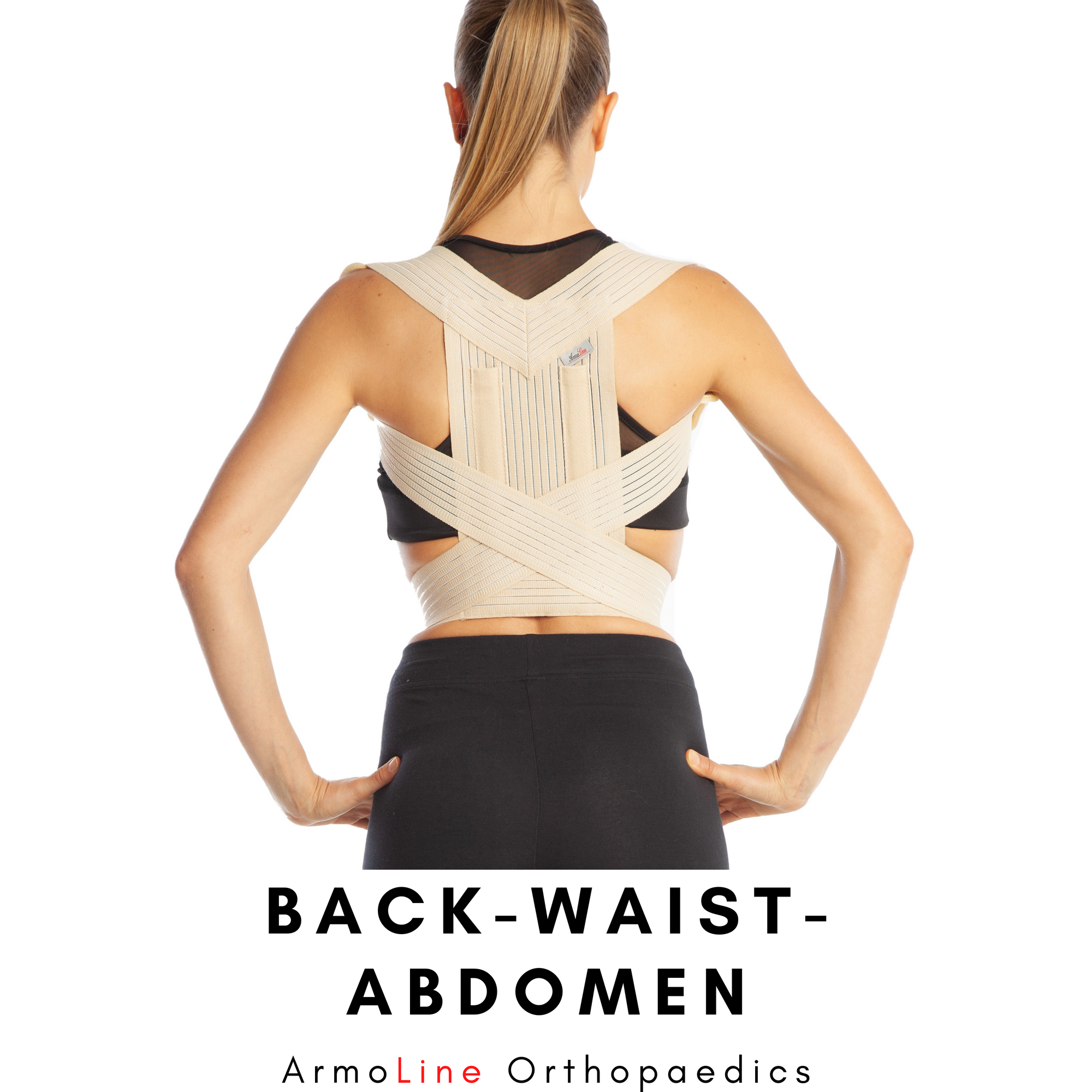 ArmoLine Back Waist and Abdominal Supports Collection Page Link Photo. Beige colour ArmoLine Posture corrector is worn by the model