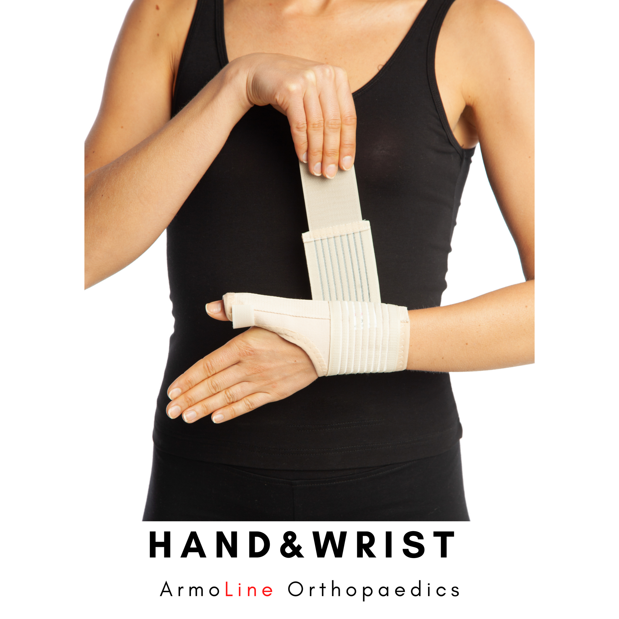 ArmoLine Hand and Wrist Supports Collection Page Link Photo. Beige colour ArmoLine De Quervain Thumb splint is worn by the model