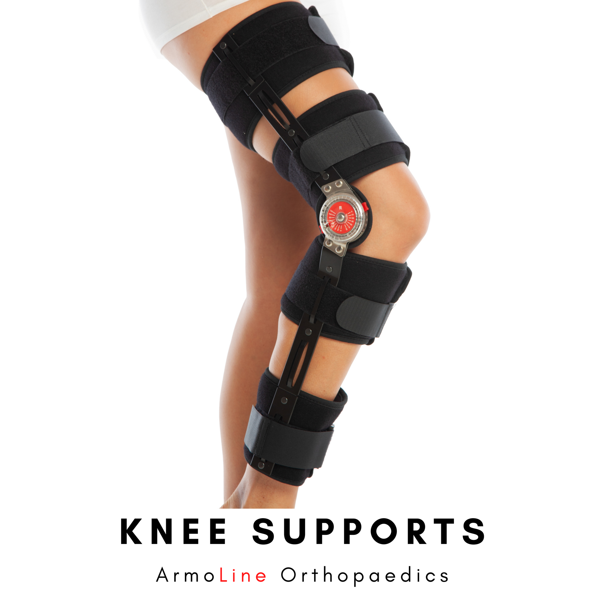 ArmoLine Knee Supports Collection Page Link Photo. ArmoLine ROM Knee Brace is worn by the model
