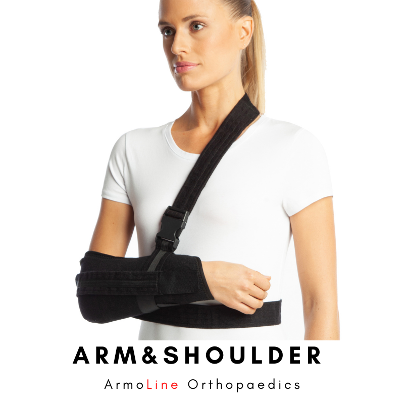 ArmoLine Arm Shoulder Elbow Support Slings Collectiong Page Link Photo. ArmoLine Deluxe Arm Sling is worn by the model