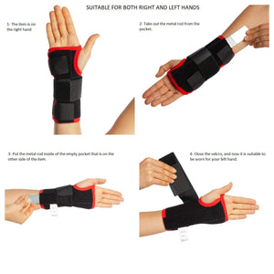 a collage that shows hand changing process of wrist brace in 4 steps