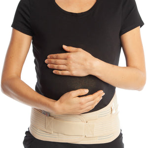 maternity support belt worn by pregnant woman front view