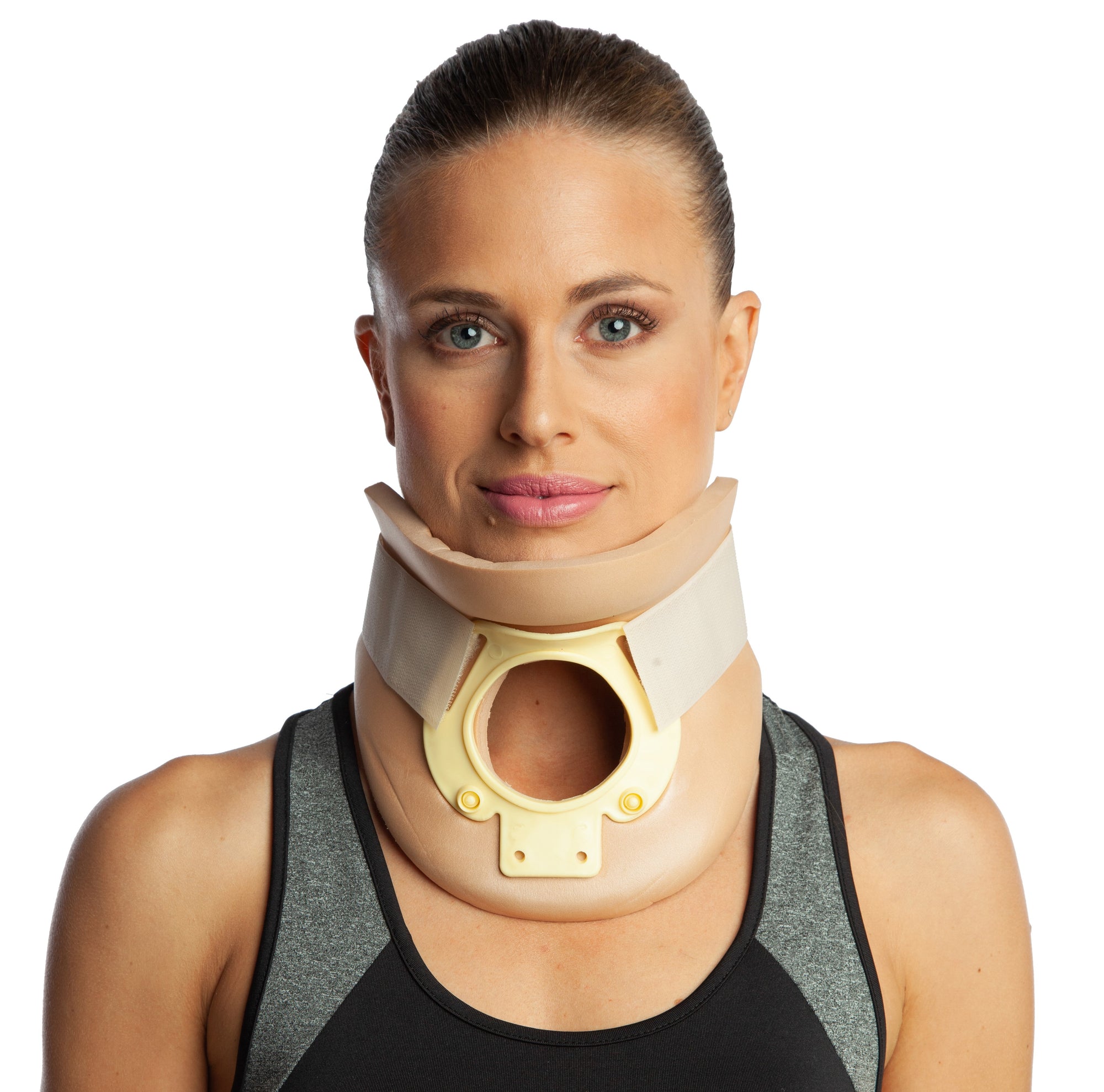 ArmoLine Open Tracheotomy Philadelphia Neck Collar Picture. The item is worn by the model and picture is taken by front side aspect