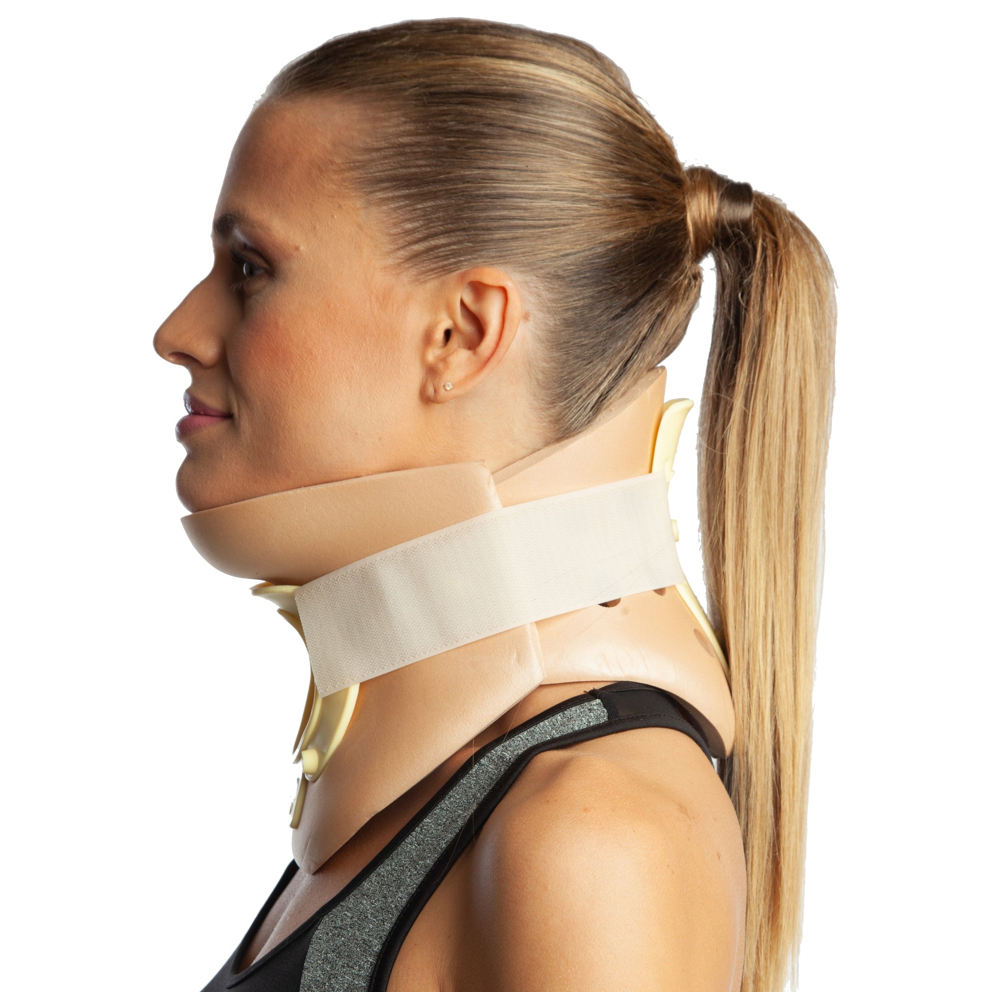 ArmoLine Open Tracheotomy Philadelphia Neck Collar Picture. The item is worn by the model and picture is taken by front side aspect