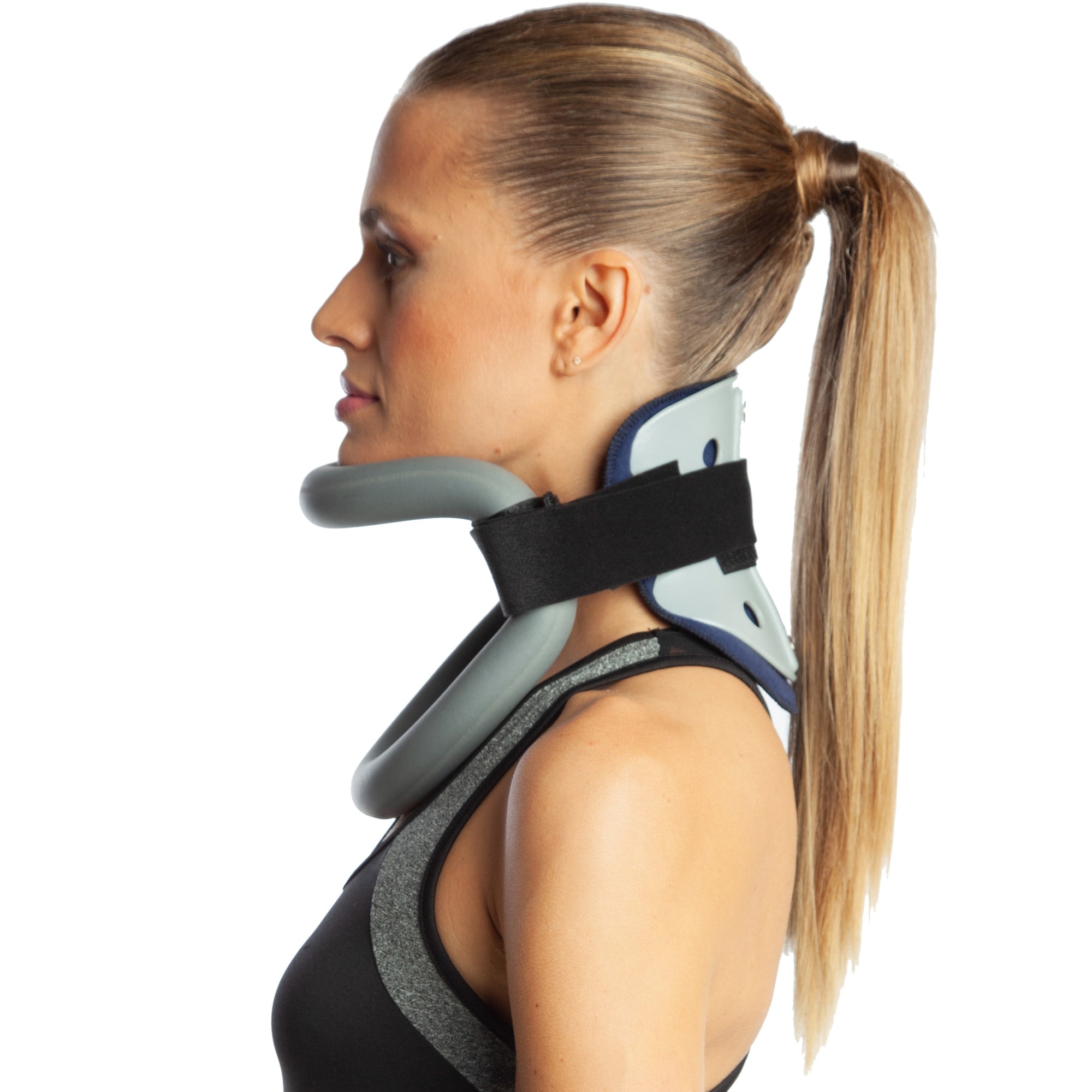NECK traction device worn by model 